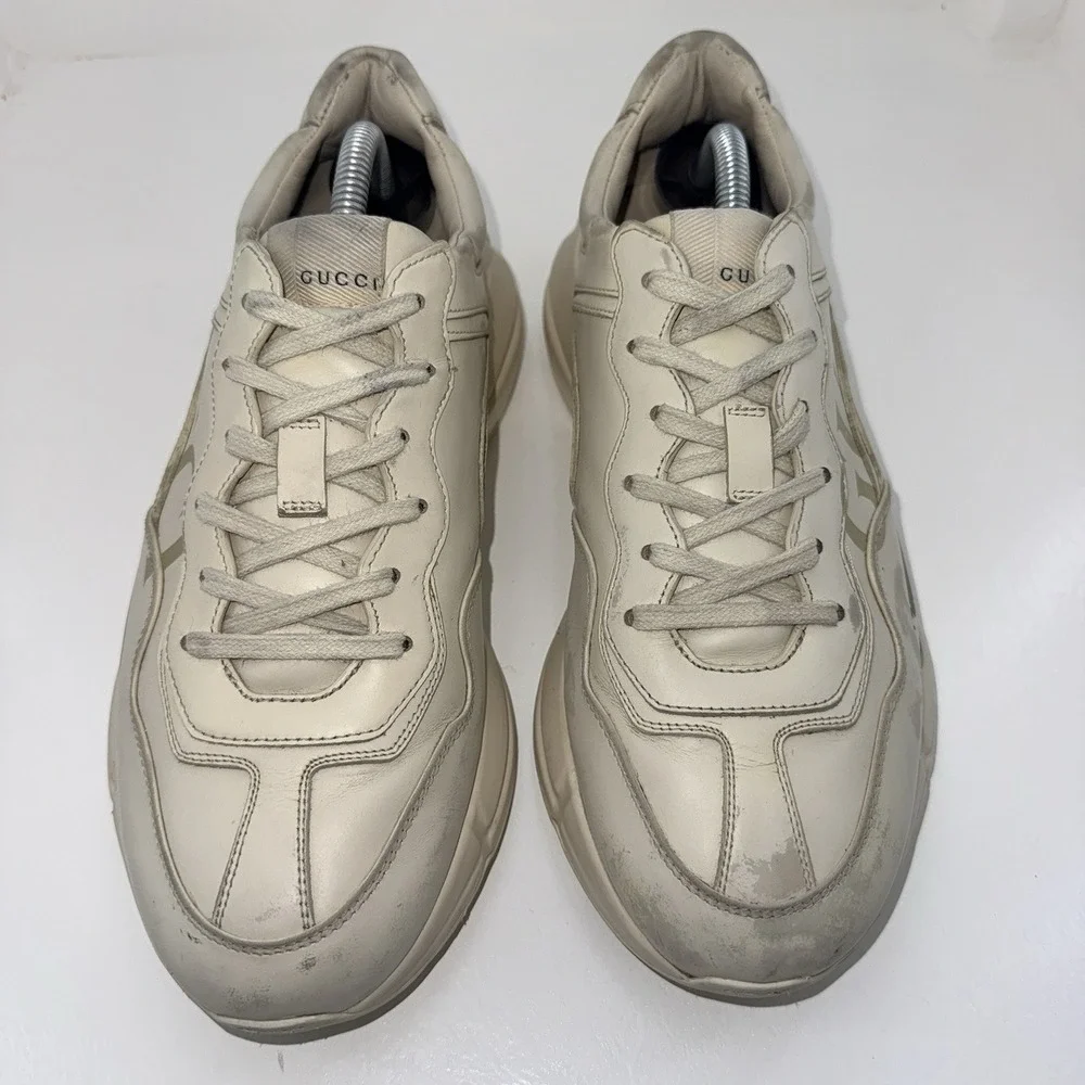 Gucci Rhyton Web Print Leather Sneakers Mens 9.5G US10 EU43.5 Ivory 523535 Italy